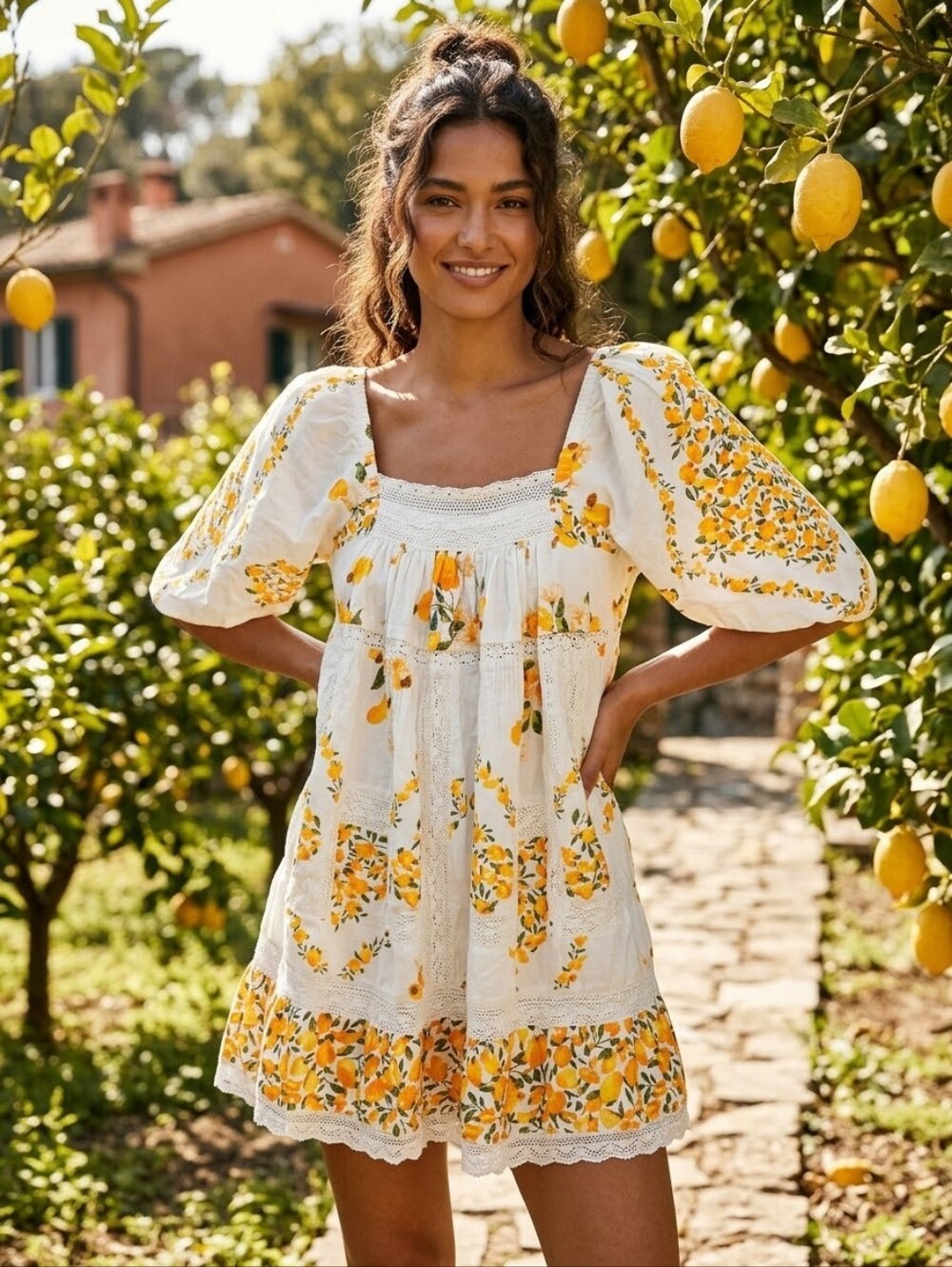 FARM Rio Yellow Cashew Fruit Floral Puff Sleeve Lace Mini Dress Size XS